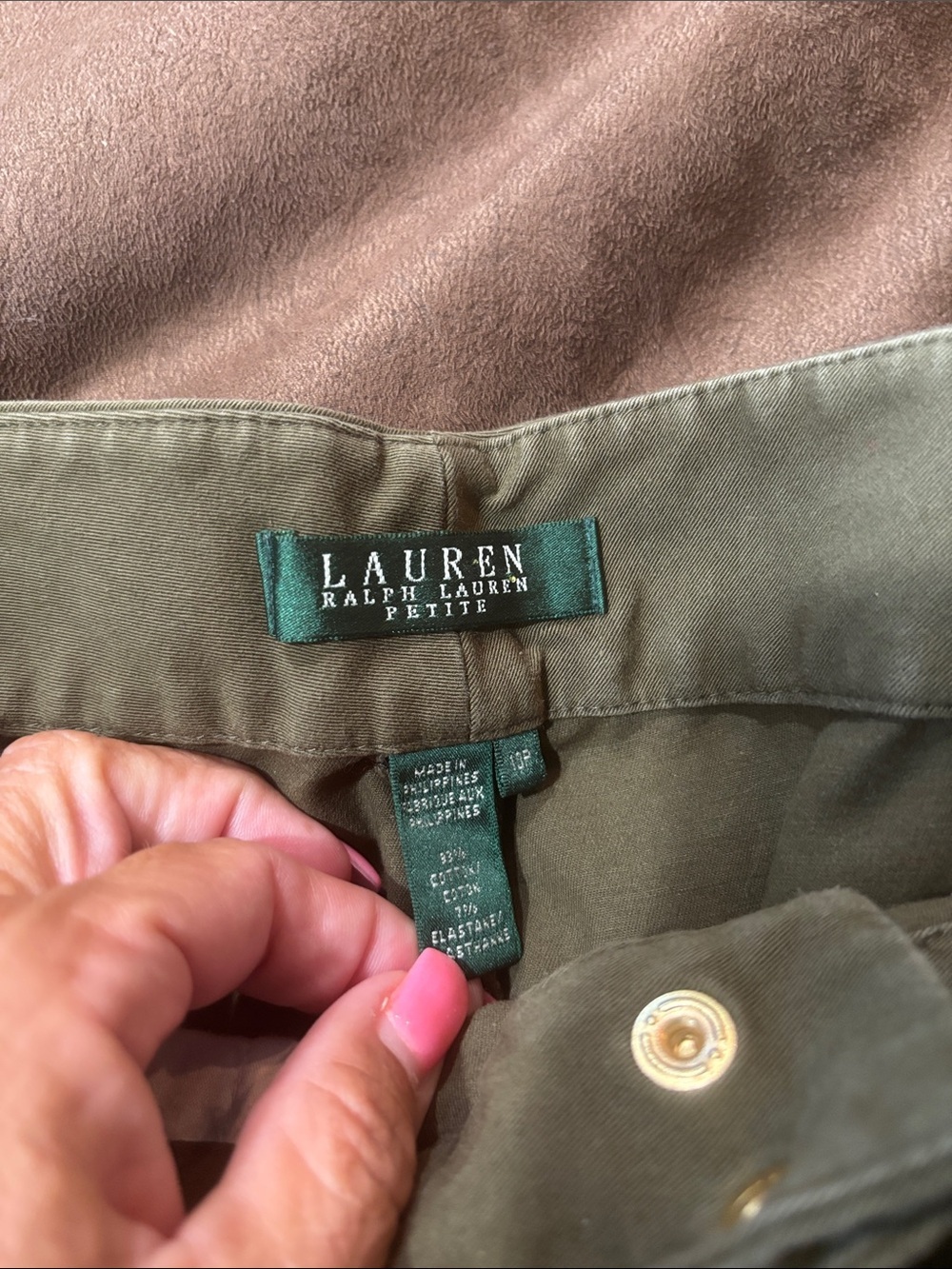 Lauren Ralph Lauren Olive Green Straight-Leg Pants with Gold Zippers - Picture 3 of 6